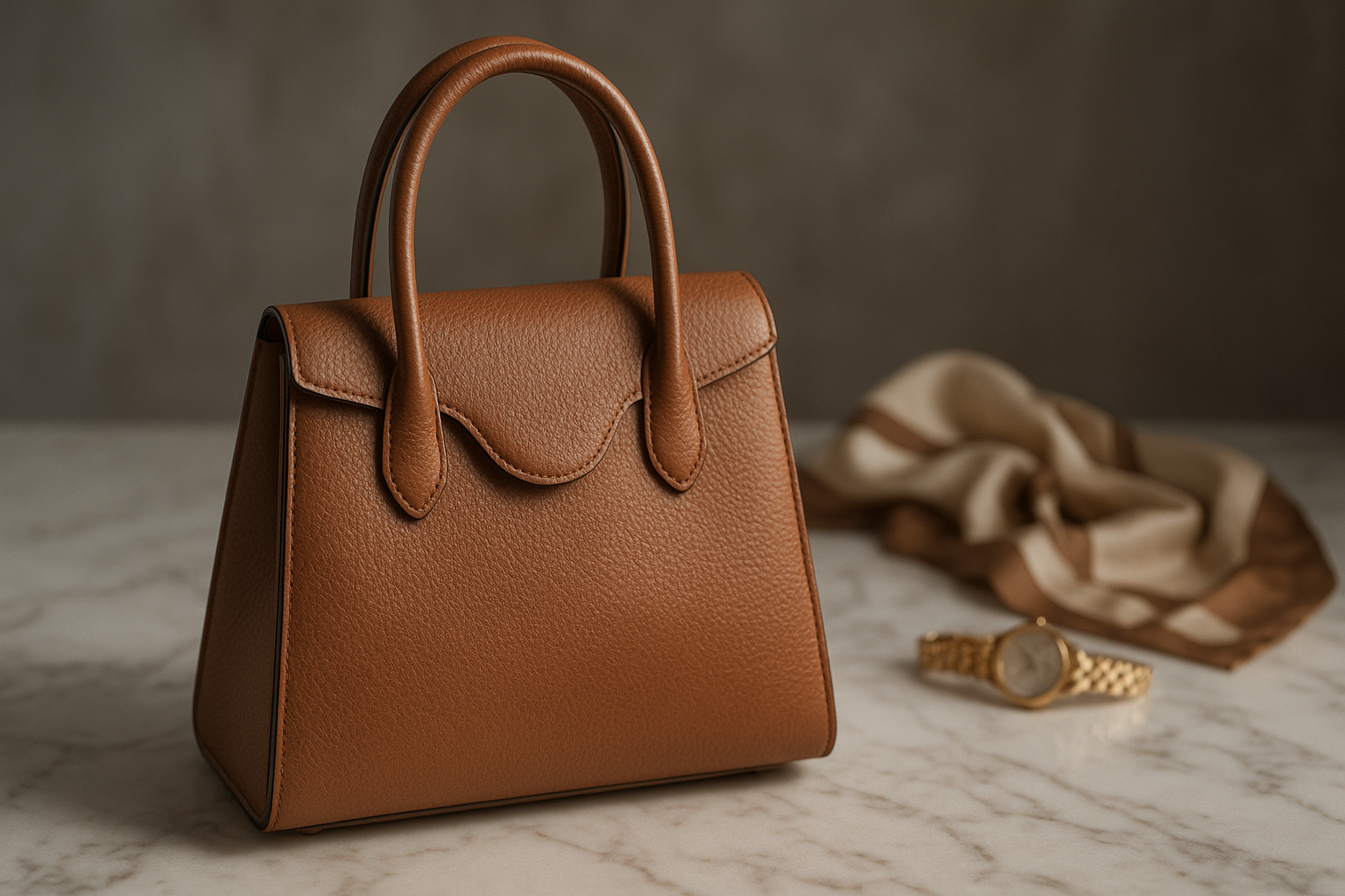 Luksusowa torebka ze skóry naturalnej na marmurowym blacie